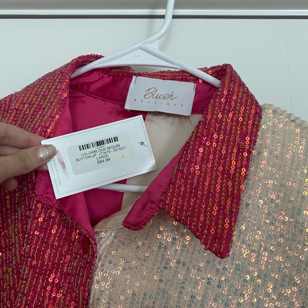 Blush Boutique Sequin Button up Top in Pink and Cream - Picture 5 of 7